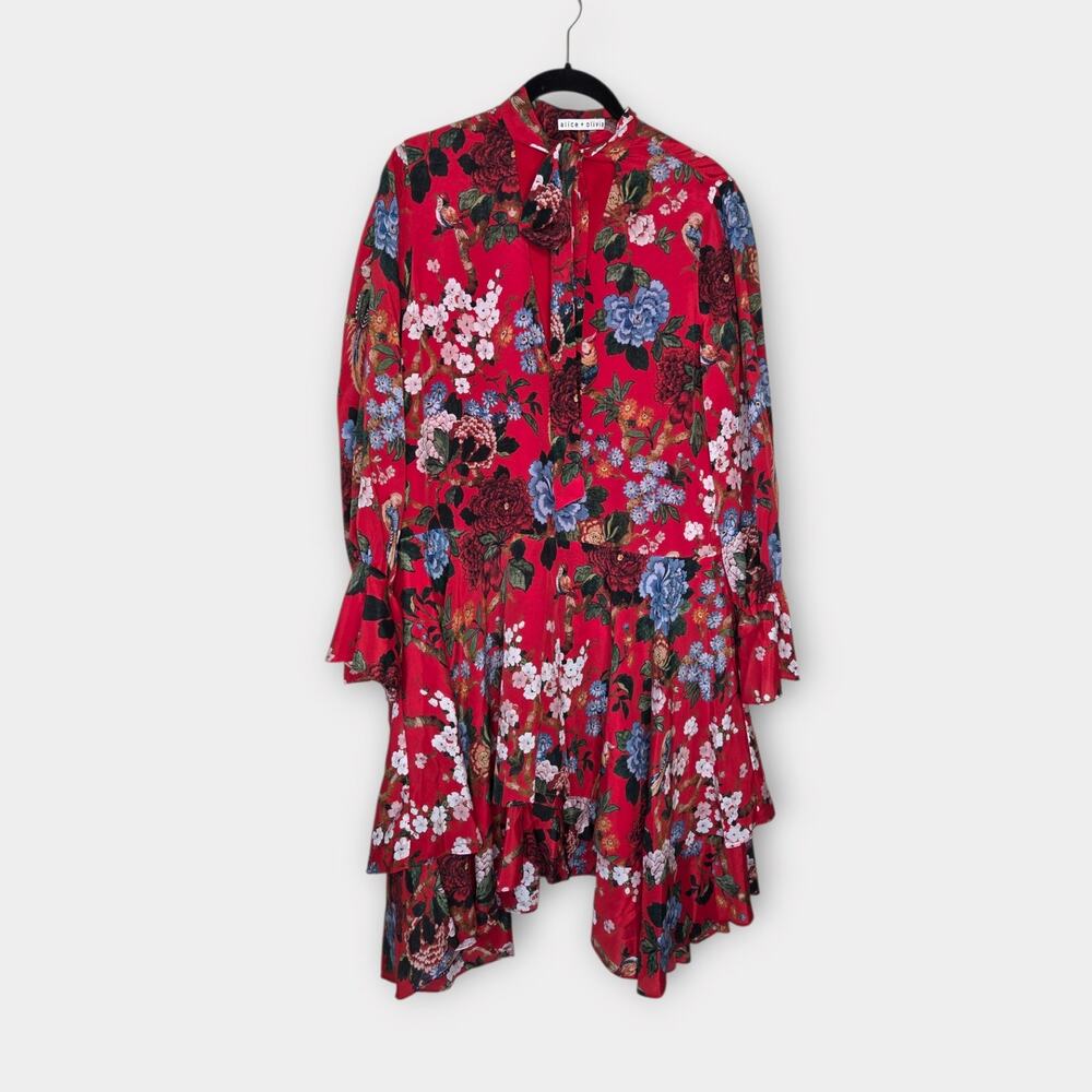 Alice + Olivia 100% Silk Red Floral Print Layered Dress Tie Neck Women's Lg